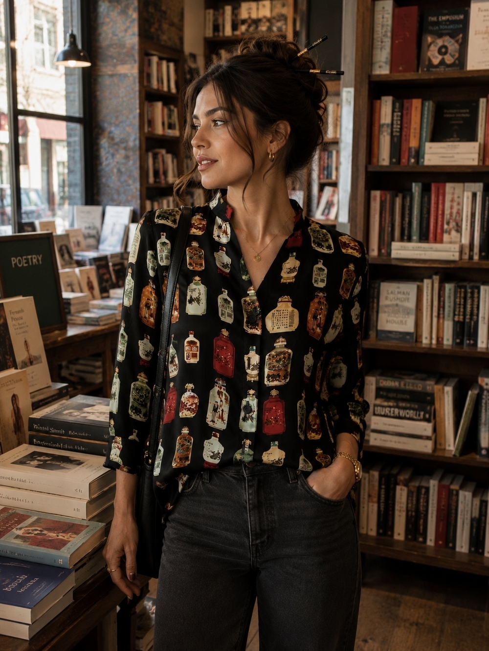 100% Silk Y2K Black Button Down BLOUSE W/Colorful Asian Antique Purfume Bottles